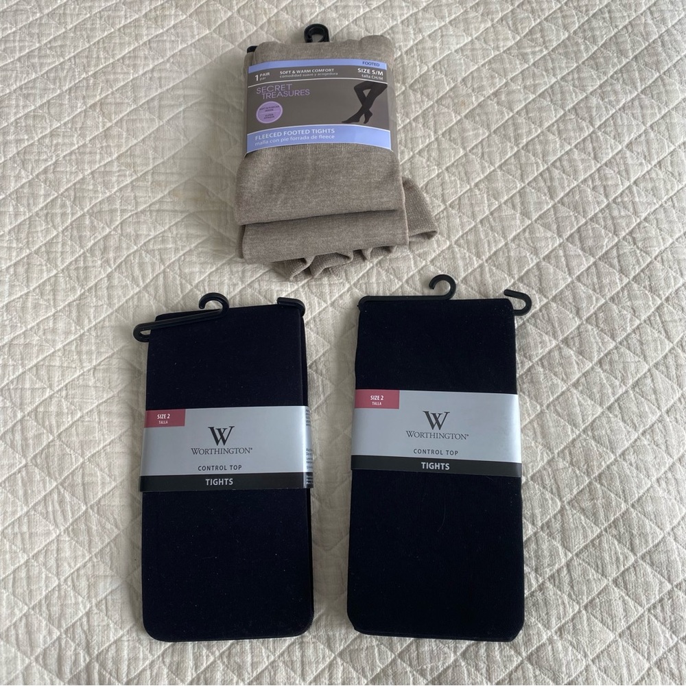 NWT Bundle of 3 Pair Tights Small Medium 2 black control top, 1 taupe fleece